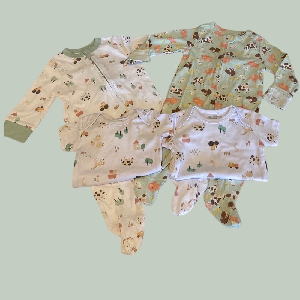 Old Navy Lila & Jack 4pc Baby Farm Animal Sleeper‎ & Bodysuit Set 3-6M Green New